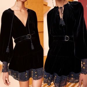 Ulla Johnson Zariah Mini Dress black velvet long sleeve crochet trim tassels
